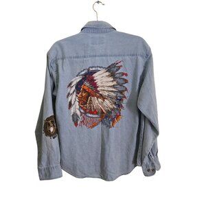 Vintage Unique Native American Wolf Design Button Down Chambray Shirt Gender Neu